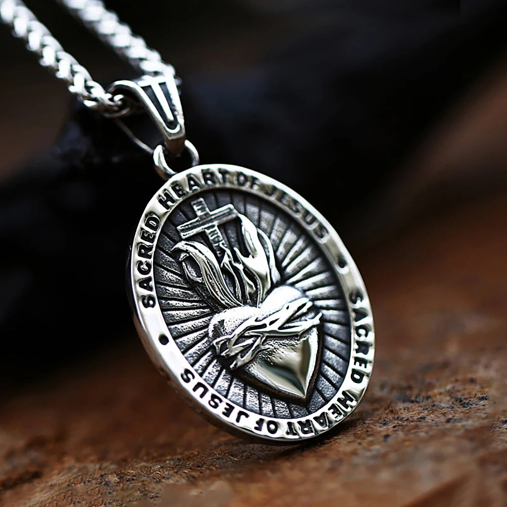 sacred heart pendant silver