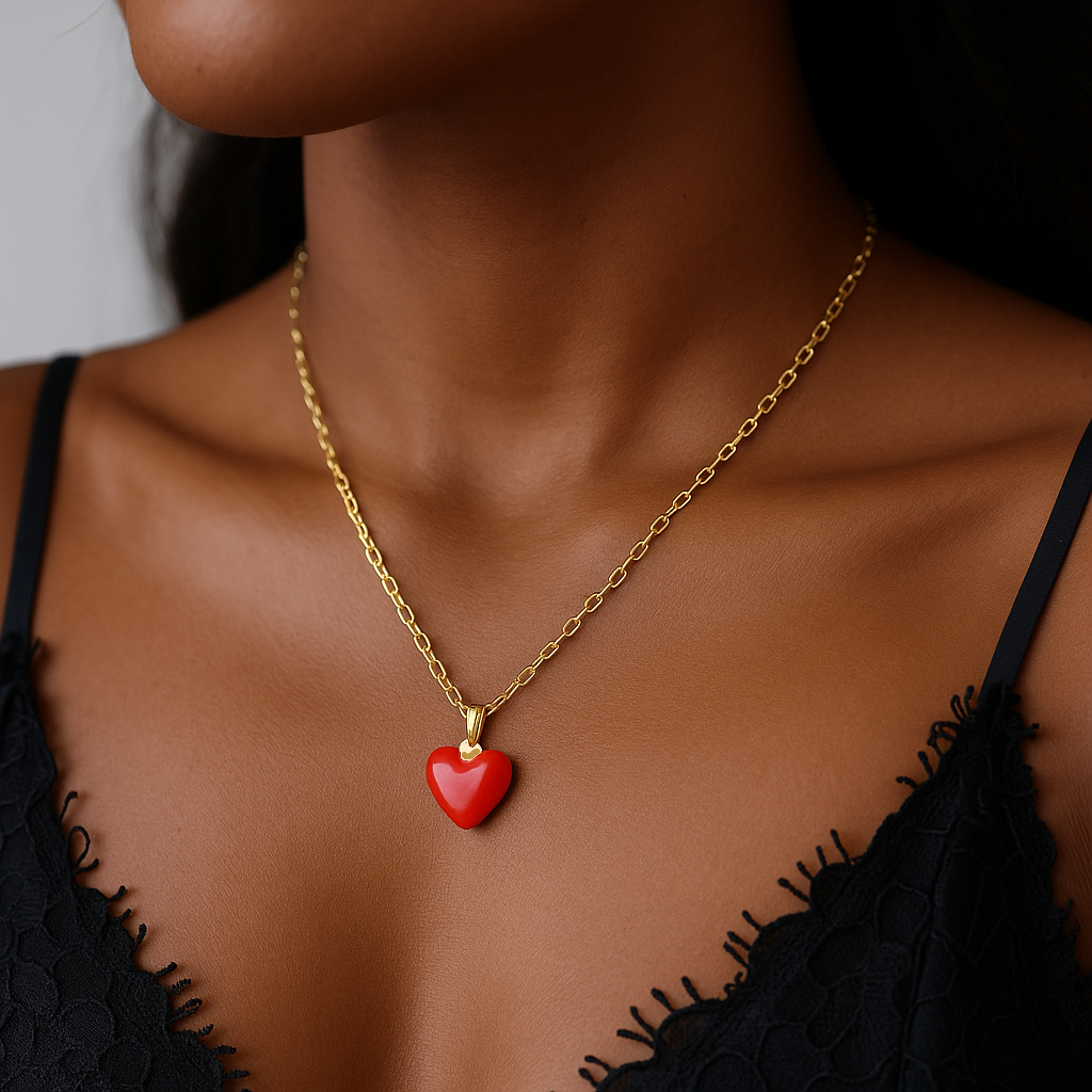 Gold Necklace Red Heart